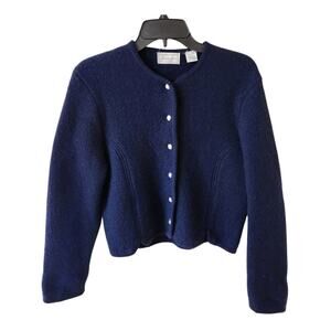 Laura Jean Vintage Cardigan Jacket Women's Size 11/12 100% Wool Navy Blue Career
